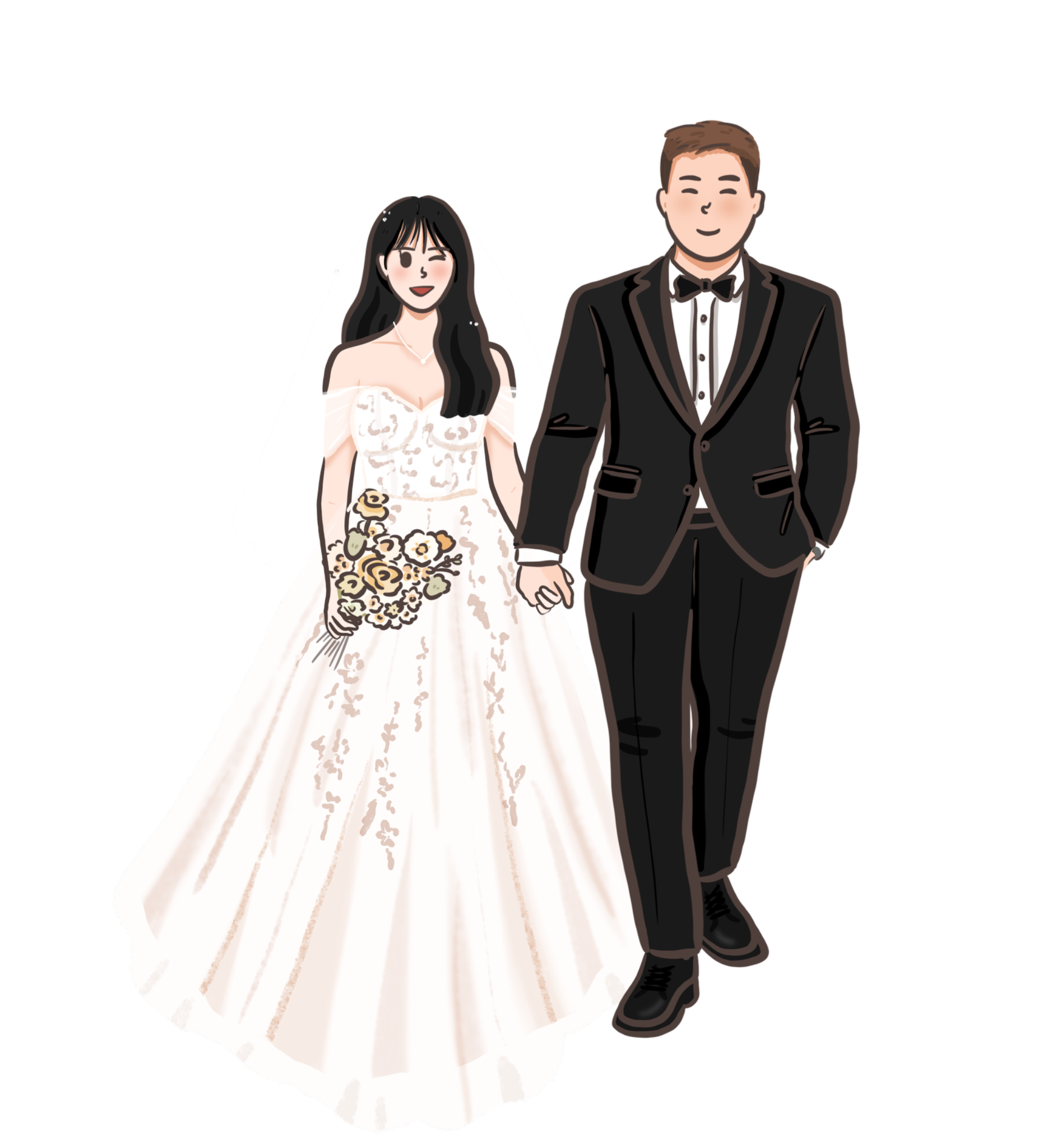 蕾絲露肩蓬裙婚紗插畫