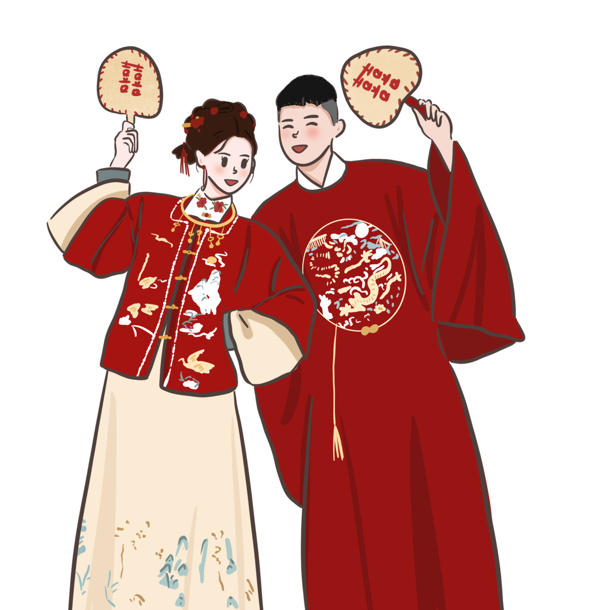 囍扇秀禾服婚紗插畫