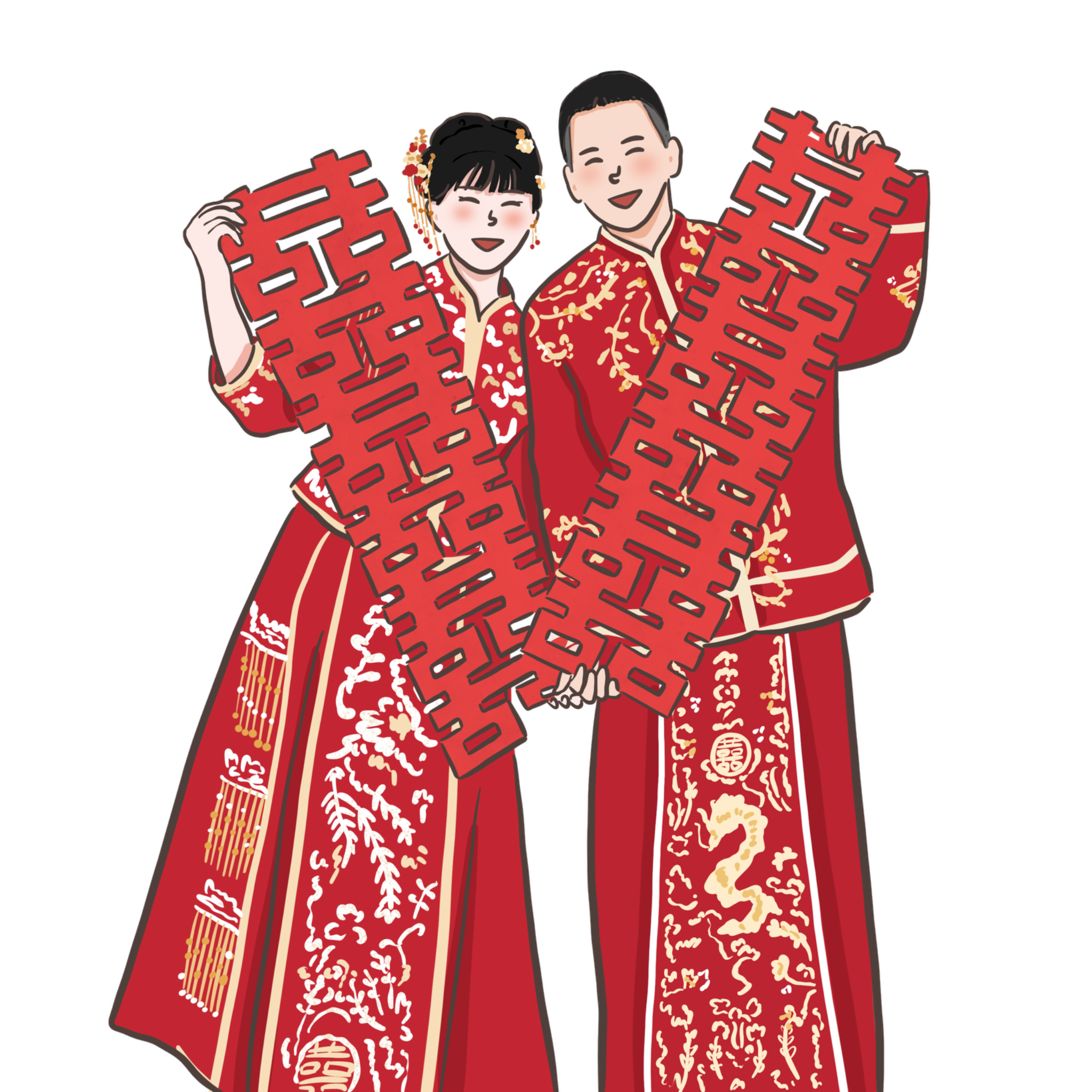 雙囍長袍喜服婚紗插畫