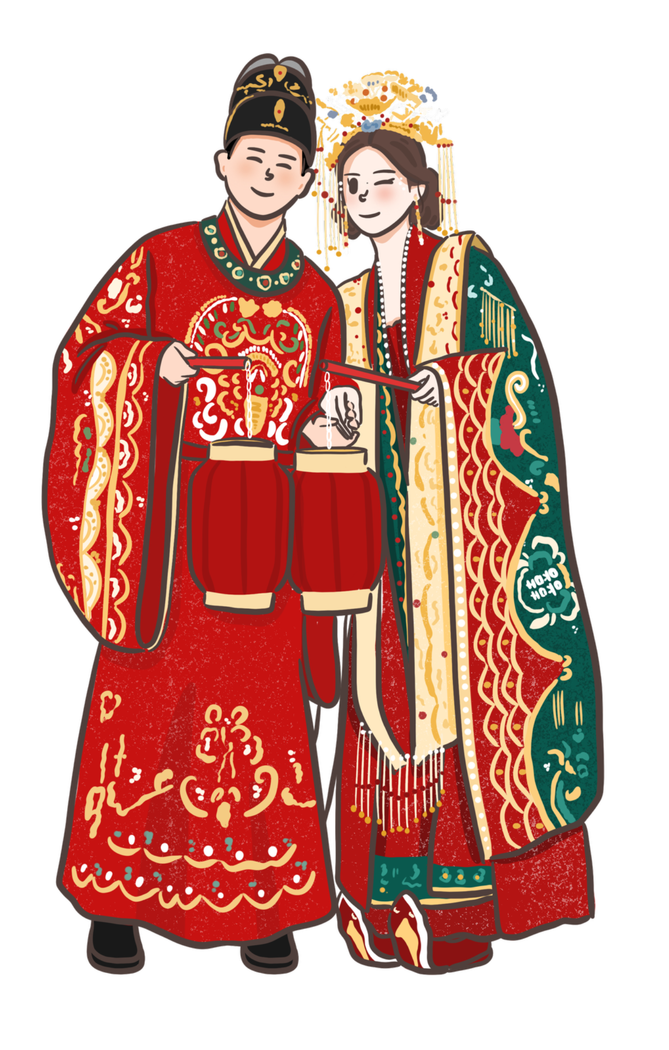 鳳冠流蘇喜服婚紗插畫