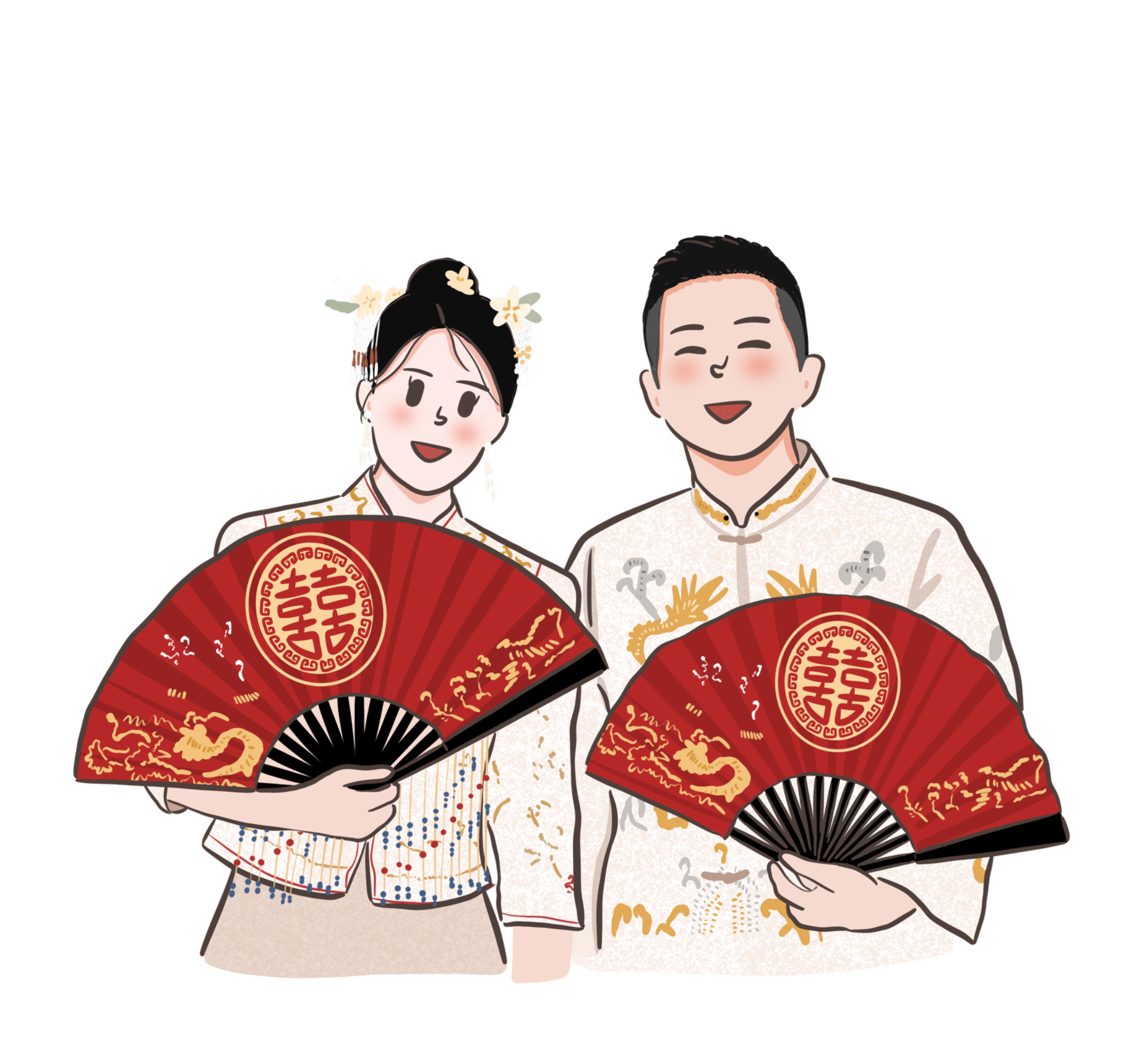 囍扇中式禮服婚紗插畫