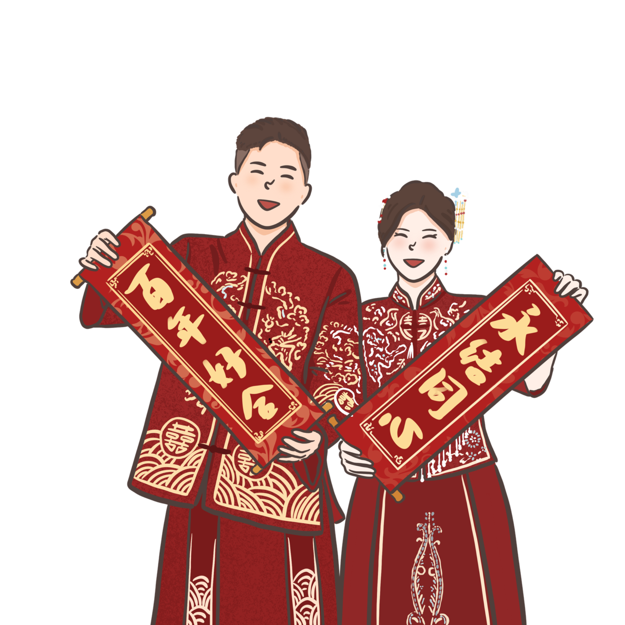 囍聯中式禮服婚紗插畫