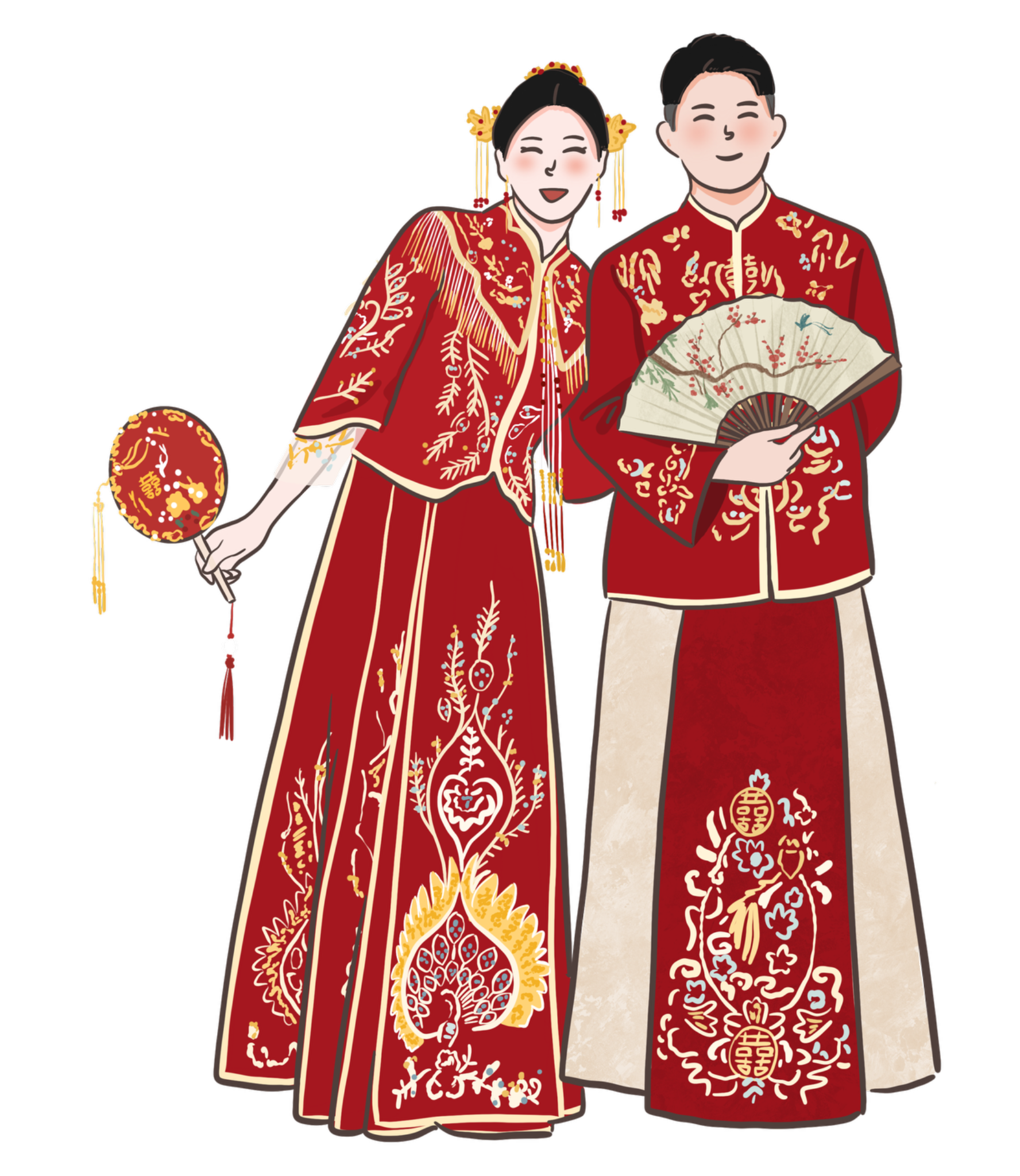 團扇刺繡喜服婚紗插畫