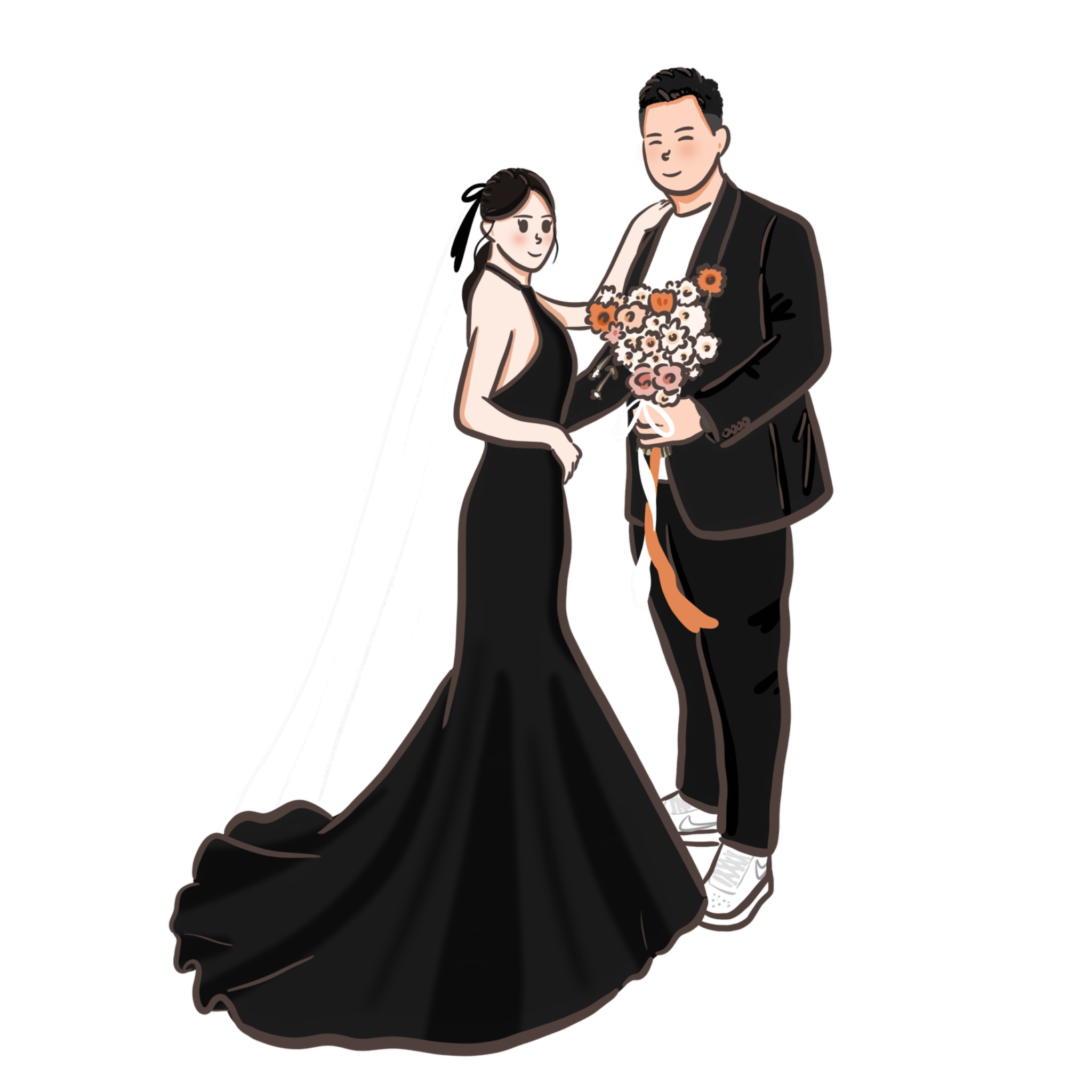 黑色魚尾長紗婚紗插畫