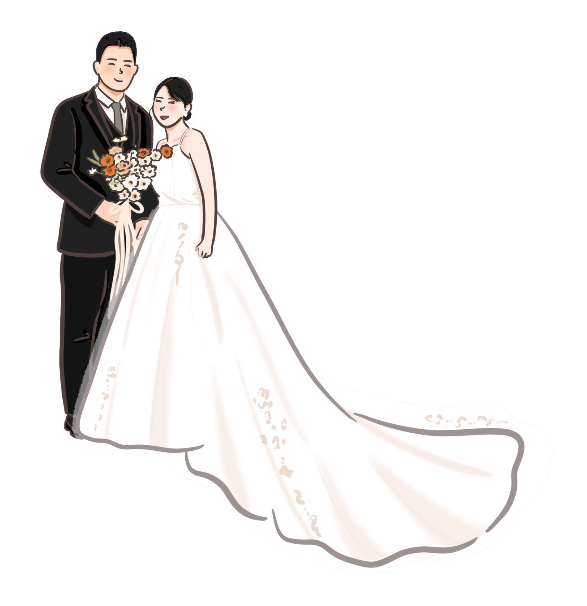 奶油長拖尾婚紗婚紗插畫