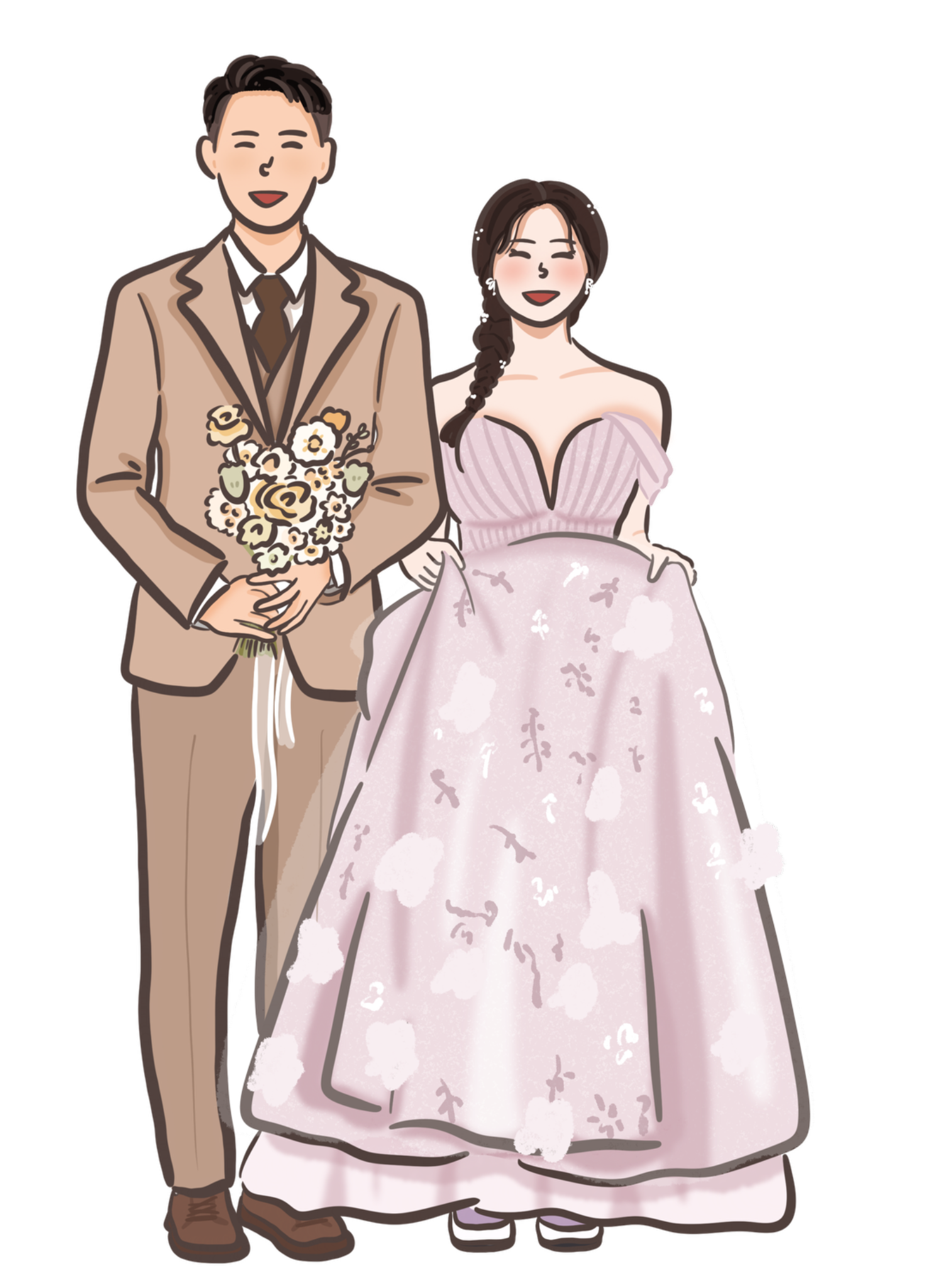 淡紫花漾蓬裙婚紗插畫