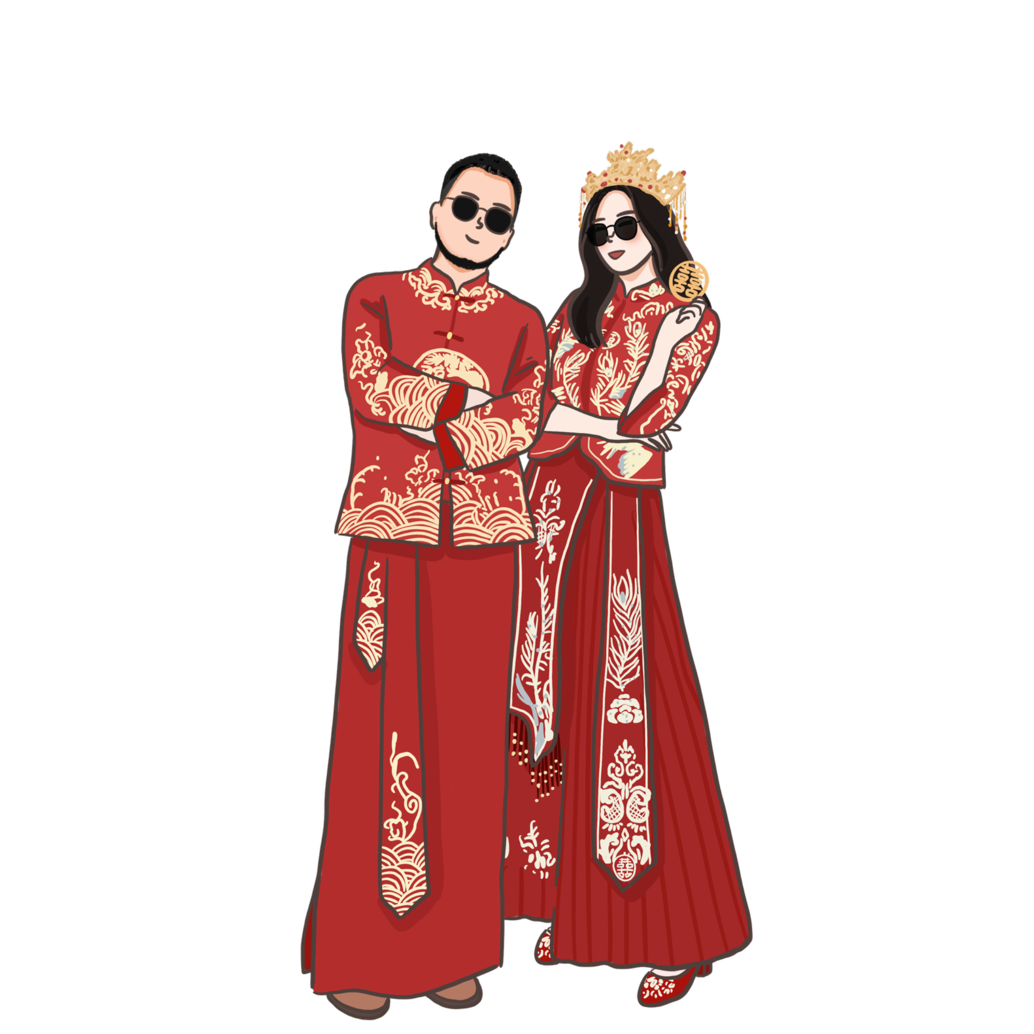 墨鏡鳳冠喜服婚紗插畫
