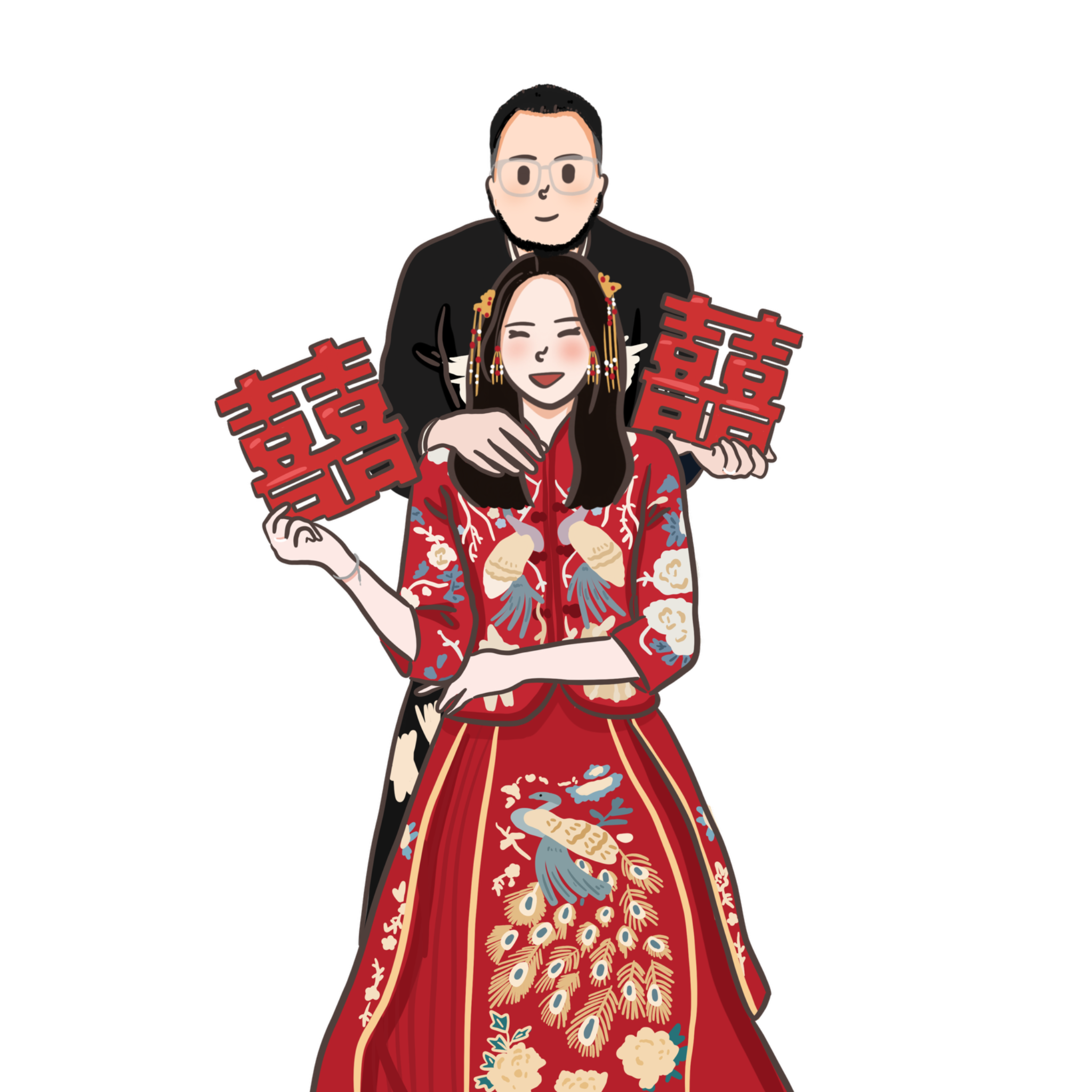 雙囍孔雀喜服婚紗插畫