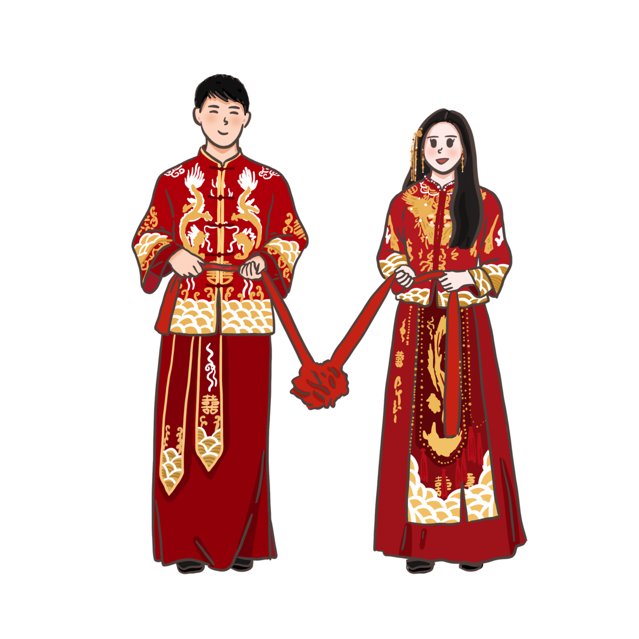 牽紅綢中式禮服婚紗插畫
